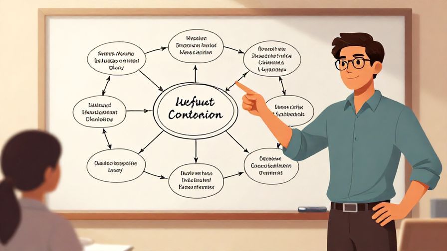 Illustration of a confident person pointing at a complex flowchart with ease, academic setting, warm lighting