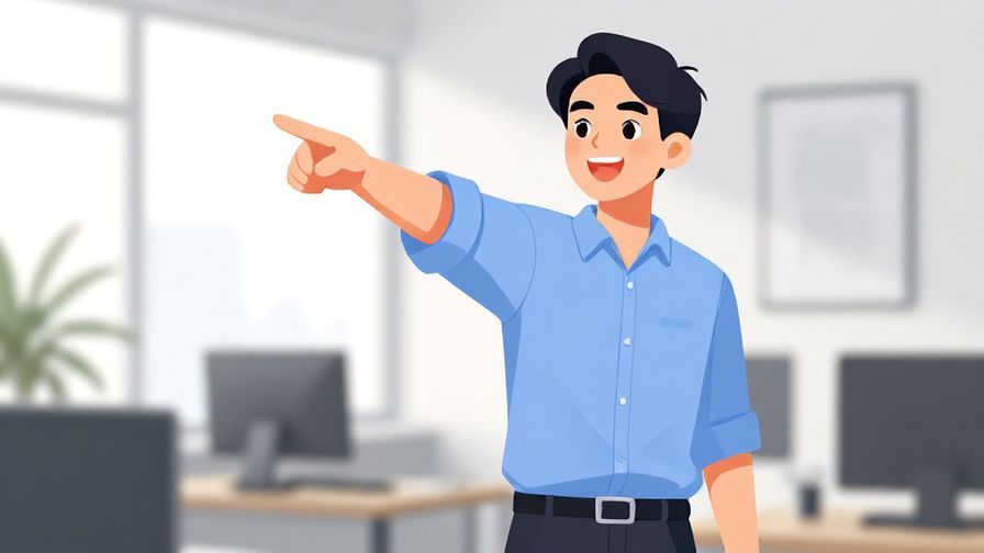 Illustration of a confident person pointing forward with an enthusiastic smile in a bright office