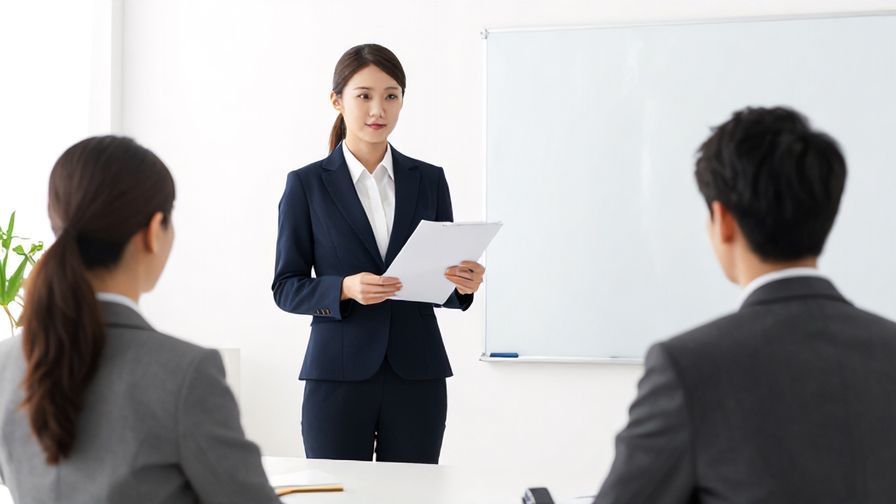 Illustration of a confident person preparing notes and suit before an interview, bright formal room