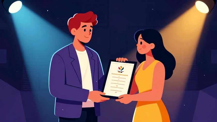 Illustration of a confident person receiving an award on stage with spotlight, vibrant colors, illustrated style
