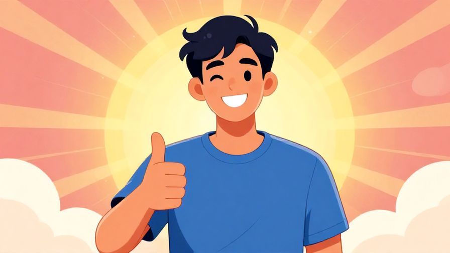 Illustration of a confident person smiling warmly with a thumbs up, vibrant background with sun rays and soft clouds