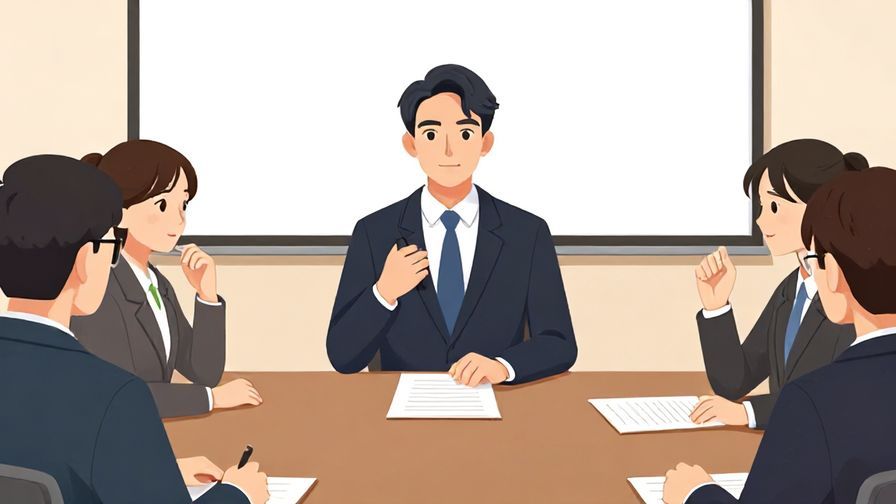 Illustration of a confident person speaking in a formal meeting room, with focused expressions