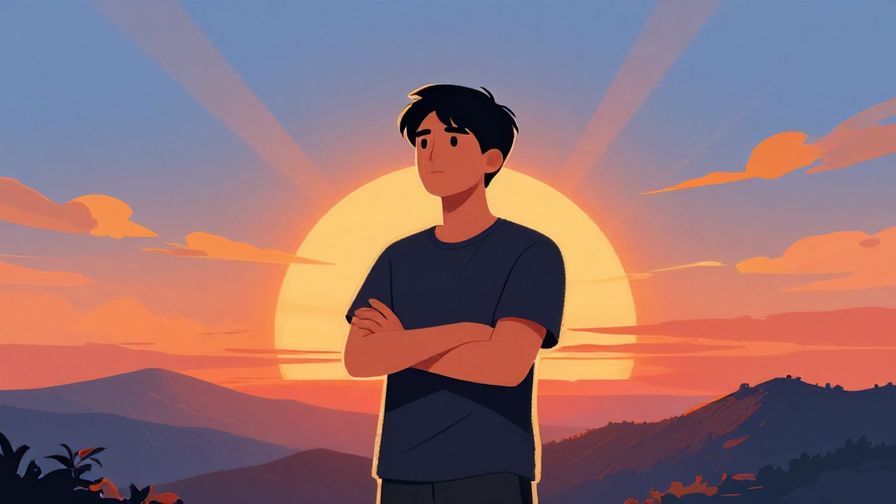 Illustration of a confident person standing with arms crossed on a hilltop at sunset, looking determinedly into the distance with sun rays behind, vibrant colors, illustrated style