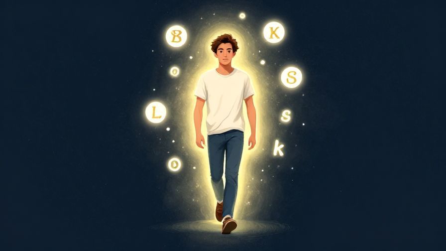 Illustration of a confident person walking forward with a glowing aura, symbols of luck floating around, illustrated style
