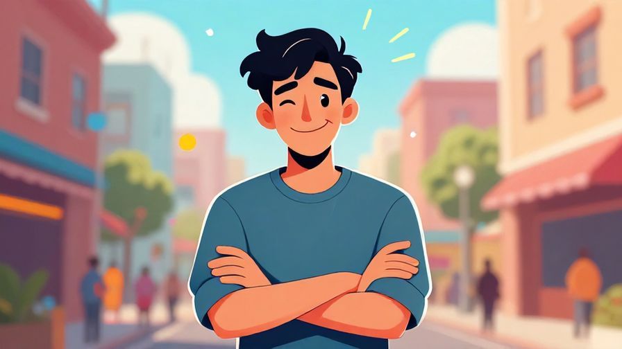 Illustration of a confident person with a playful smirk and crossed arms, bright urban background filled with energy