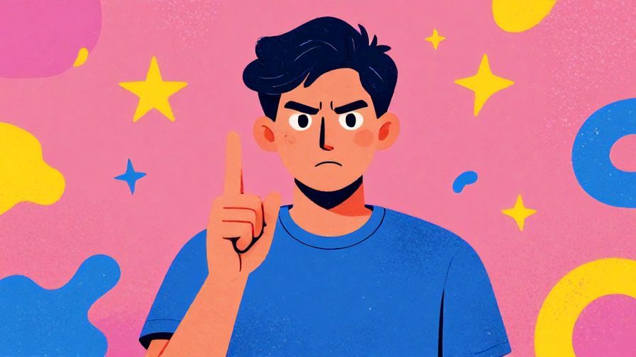 Illustration of a confident person with a serious expression, finger pointed as a warning, surrounded by stars and abstract shapes, vibrant colors, illustrated style