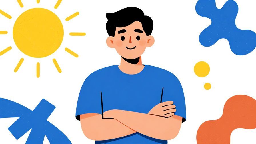 Illustration of a confident person with arms crossed and a satisfied smile, abstract shapes and sun rays around