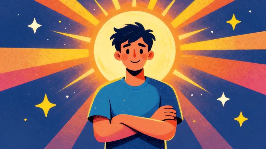 Illustration of a confident person with arms crossed and a bright sun ray shining down, surrounded by stars, vibrant colors, illustrated style