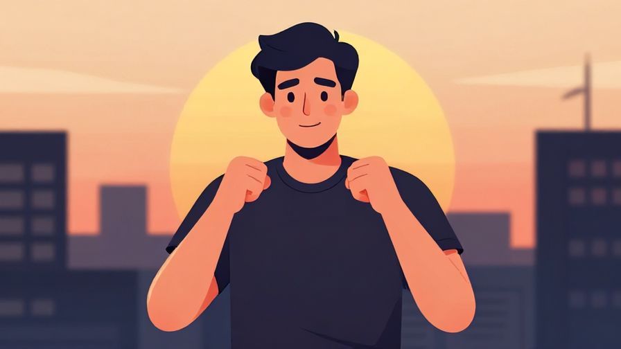 Illustration of a confident person with clenched fists, ready for action, sunset urban background