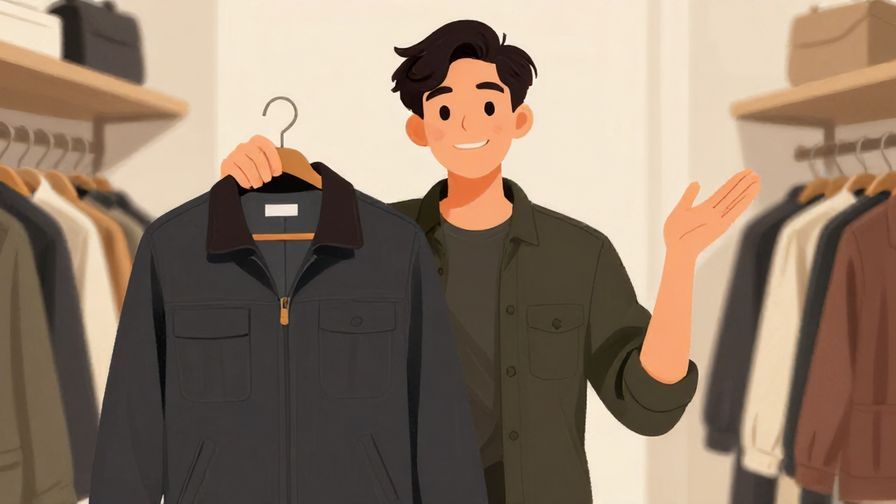 Illustration of a confident shopper holding a jacket, with a playful smile and friendly body language