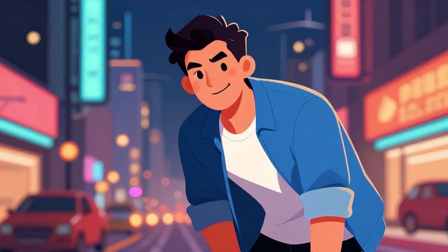 Illustration of a confident, slightly cocky young man leaning forward with a smirk, vibrant urban night scene
