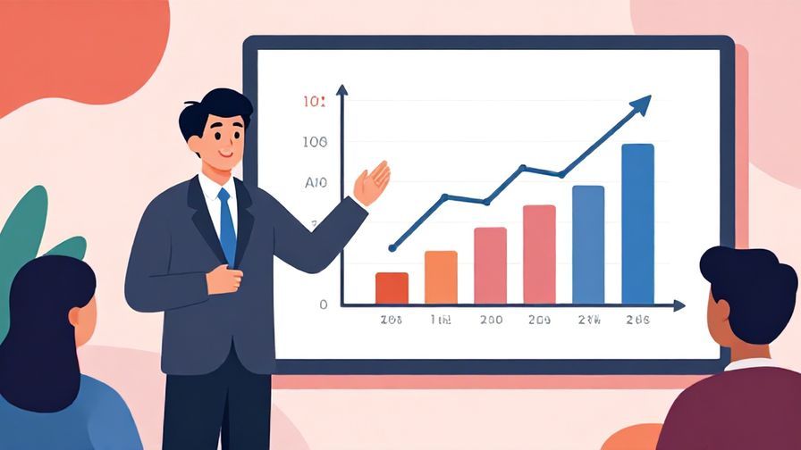 Illustration of a confident speaker giving a presentation with charts showing upward trends, formal setting, vibrant colors, illustrated style