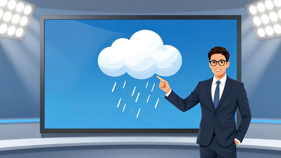 Illustration of a confident weather forecaster pointing at a rainy cloud on a screen, bright studio lighting, and professional atmosphere