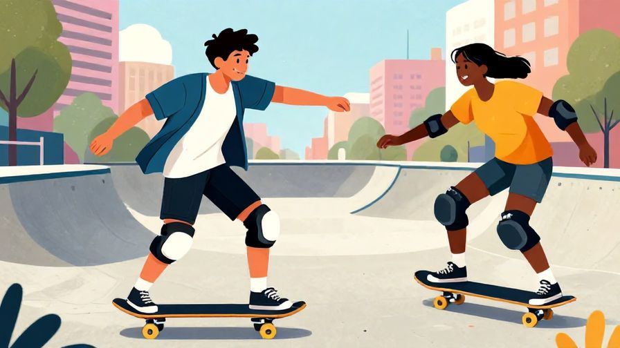 Illustration of a confident young man challenging a friend, urban skate park background, energetic colors, illustrated style