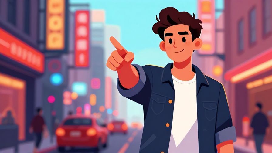 Illustration of a confident young man pointing forward with a smirk, standing on an urban street with neon signs blurred in the background, vibrant colors, illustrated style