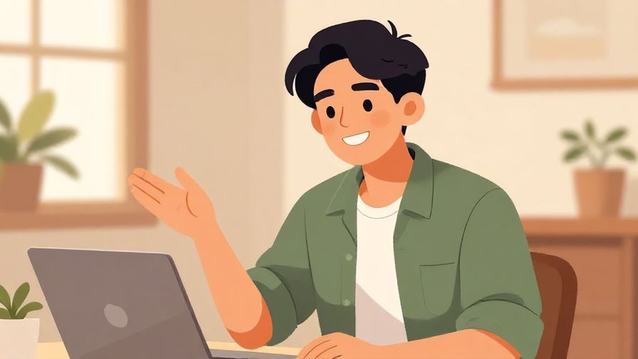 Illustration of a confident young man smiling invitingly, casual indoor setting, warm colors, illustrated style