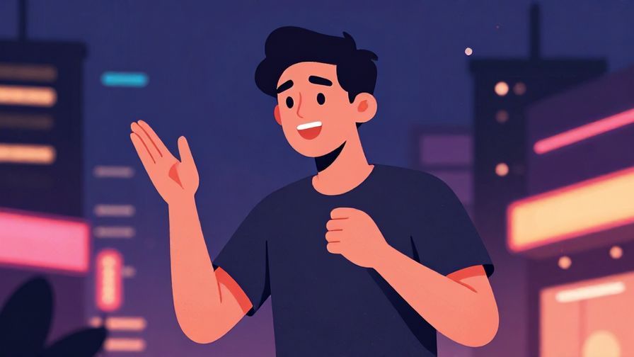 Illustration of a confident young person gesturing dramatically, city night background with neon lights