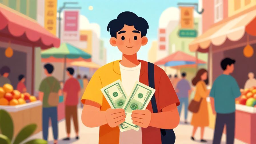 Illustration of a confident young person holding out money at a busy street market, lively and colorful background