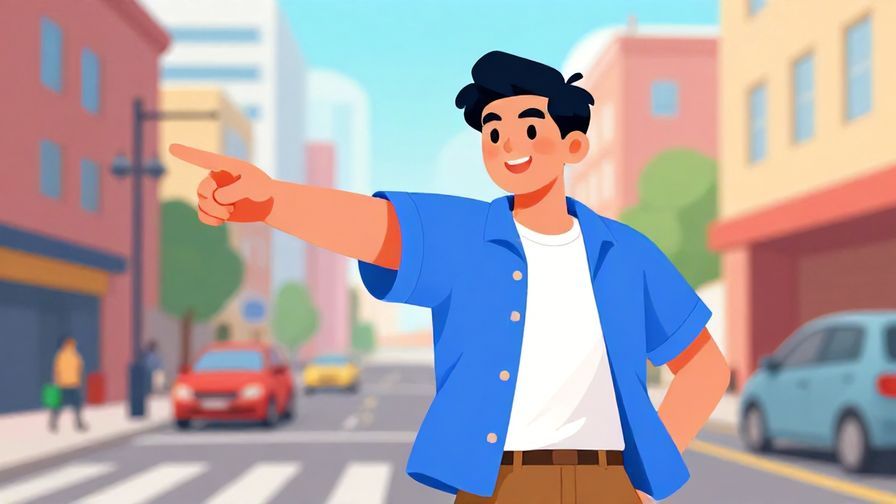 Illustration of a confident young person motioning forward energetically, city street background, vibrant colors, illustrated style
