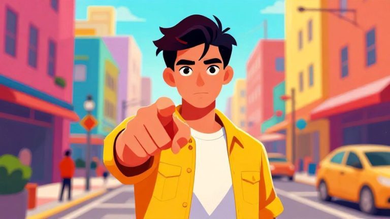 Illustration of a confident young person pointing directly at the viewer, eyes sharp and determined, standing in a vibrant city street background. Bright, energetic colors, illustrated style