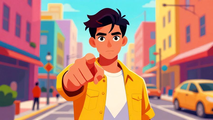Illustration of a confident young person pointing directly at the viewer, eyes sharp and determined, standing in a vibrant city street background. Bright, energetic colors, illustrated style