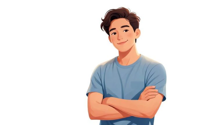 Illustration of a confident young person smiling slightly, standing relaxed with arms crossed, bright background with soft edges