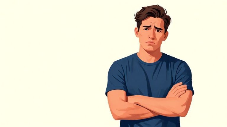 Illustration of a confident young person standing with arms crossed, shaking their head firmly in a casual setting, bright colors, illustrated style