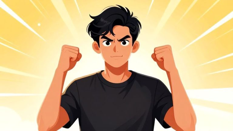Illustration of a confident young person with a determined expression, fists raised in challenge, bright and dynamic background
