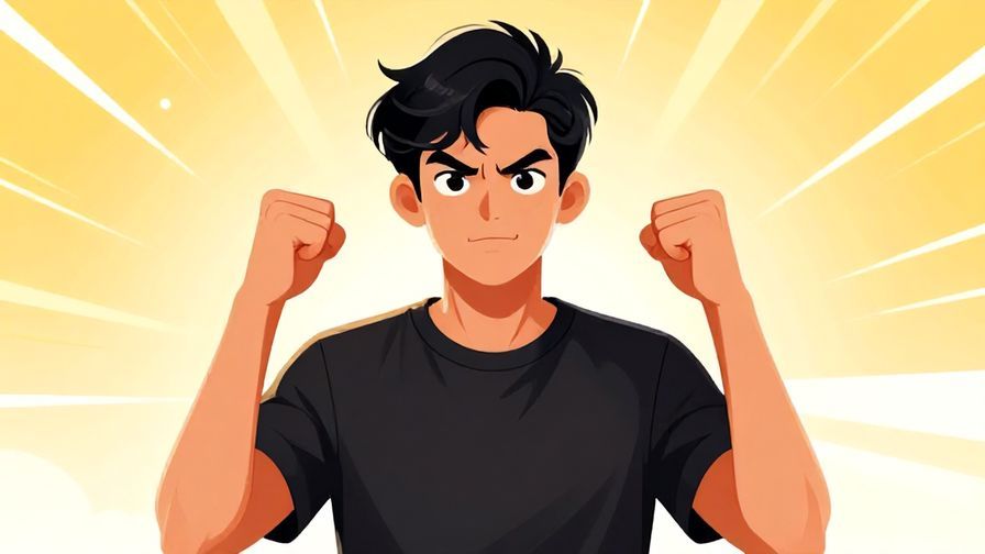 Illustration of a confident young person with a determined expression, fists raised in challenge, bright and dynamic background