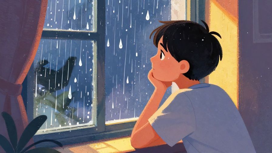 Illustration of a contemplative young person looking out a window, raindrops falling outside, reflecting on life's unfairness, warm indoor lighting, vibrant colors, illustrated style