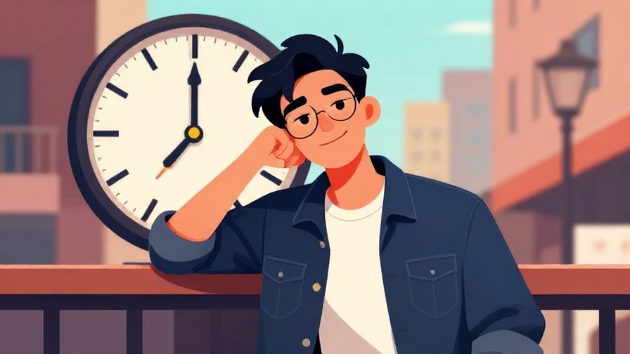 Illustration of a cool, laid-back character leaning back with a smirk and a clock behind, street-style urban background