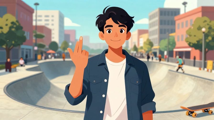 Illustration of a cool teenager with a confident smile, making a quick “wait” hand gesture, urban skate park background
