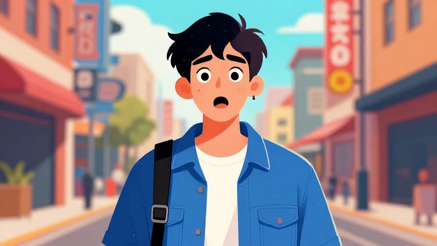 Illustration of a cool young person with a shocked expression, vibrant street background, casual modern style