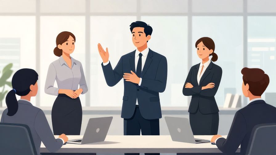 Illustration of a corporate office with people competing for promotion, formal attire, focused expressions