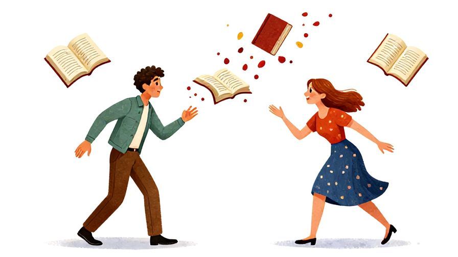Illustration of a couple in a playful argument with floating rulebooks dissolving into petals, vivid and whimsical