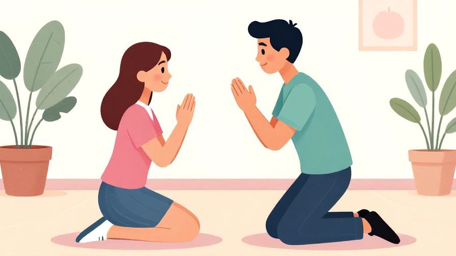 Illustration of a courteous person kneeling slightly while making a respectful hand gesture, indoor setting with soft pastels, vibrant colors