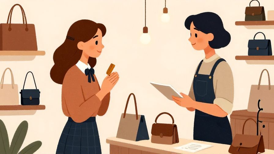 Illustration of a courteous shopper with a gentle bow, speaking softly to a clerk in a stylish store