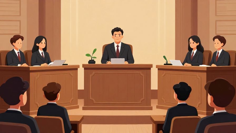 Illustration of a courtroom or debate scene with calm, confident speakers and attentive audience