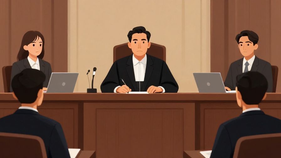 Illustration of a courtroom scene with a judge and lawyers, serious atmosphere