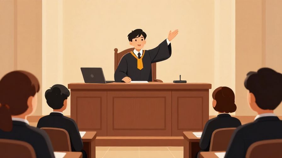 Illustration of a courtroom setting with a judge delivering a verdict, dignified atmosphere, warm tones