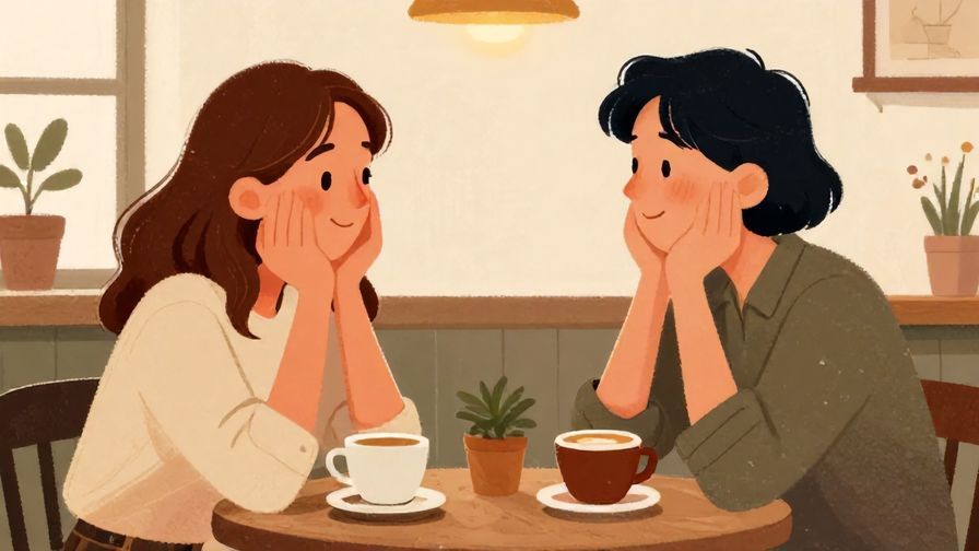 Illustration of a cozy cafe conversation with two friends nodding and smiling, informal, warm lighting, illustrated style
