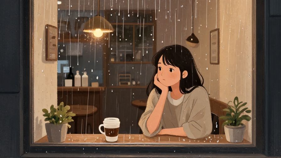 Illustration of a cozy coffee shop window with raindrops streaking down, a person looking outside pensively