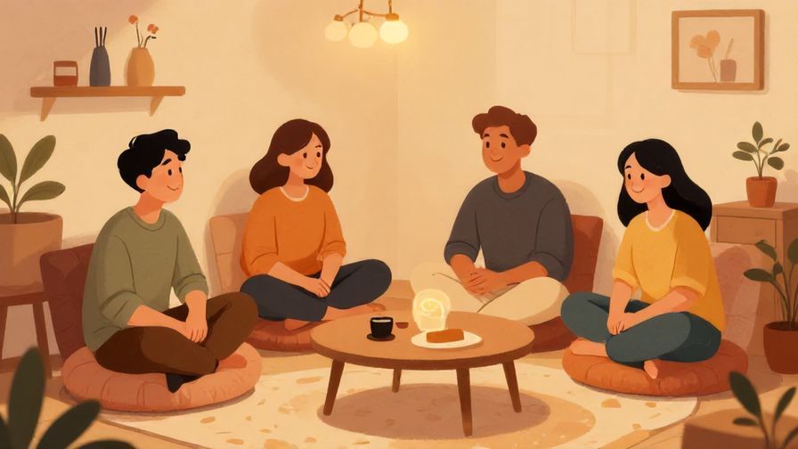 Illustration of a cozy room with soft cushions, people relaxing with content smiles, warm glowing light