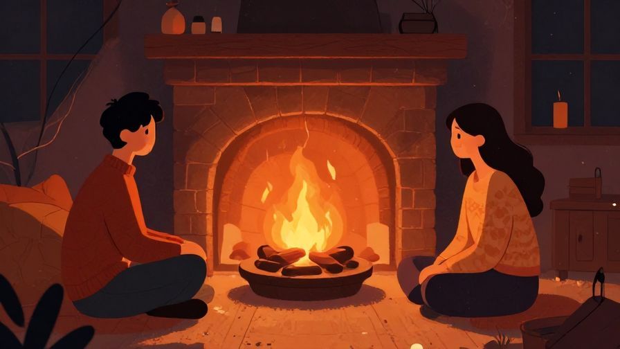 Illustration of a cozy scene with two people relaxing together by a warm fire, calm and peaceful ambiance, rich colors