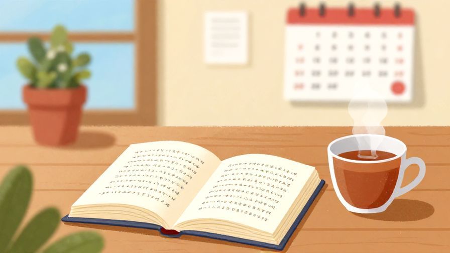 Illustration of a cozy study room with open Japanese phrasebooks, a steaming cup of tea, and a calendar on the wall blurred in the background, vibrant colors, illustrated style