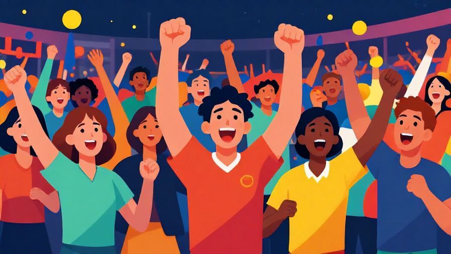Illustration of a crowd cheering wildly at a sports event, vibrant colors, dynamic movement