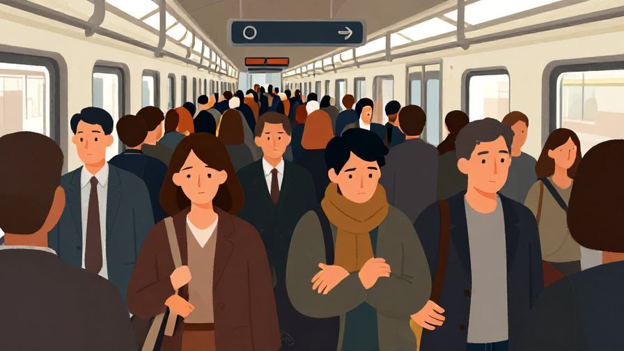Illustration of a crowded train station with people pushing forward, some tired faces, urban setting