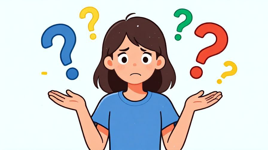 Illustration of a curious character holding an object and looking confused, surrounded by colorful question marks and a playful background
