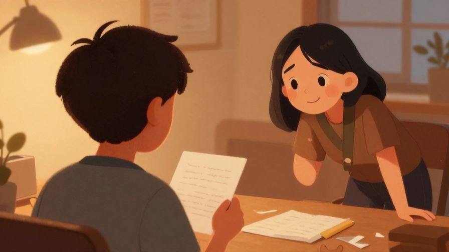 Illustration of a curious person holding an object behind their back, another person leaning forward with an inquisitive smile, cozy room setting, warm lighting, illustrated style