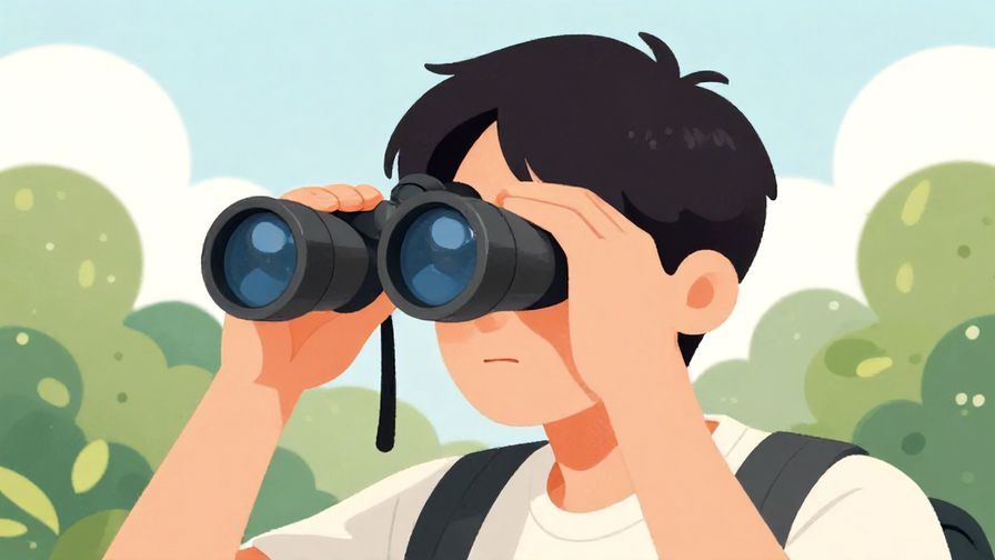 Illustration of a curious person peeking through binoculars, focused expression, soft background of trees and sky